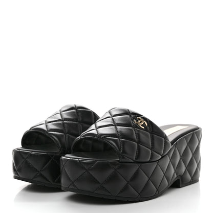 Chanel Lambskin Quilted CC Mules Wedge Sandals 39 Black 3 of 9