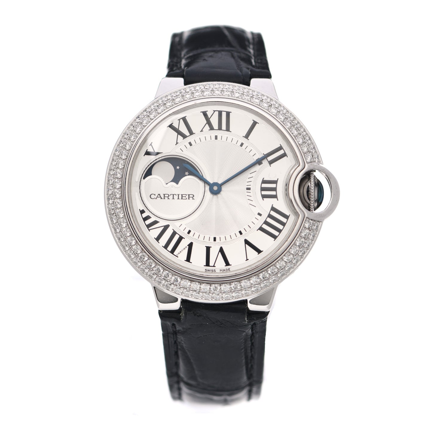 18K White Gold Diamond Pave Bezel 37mm Ballon Bleu De Cartier Moonphase Automatic Watch