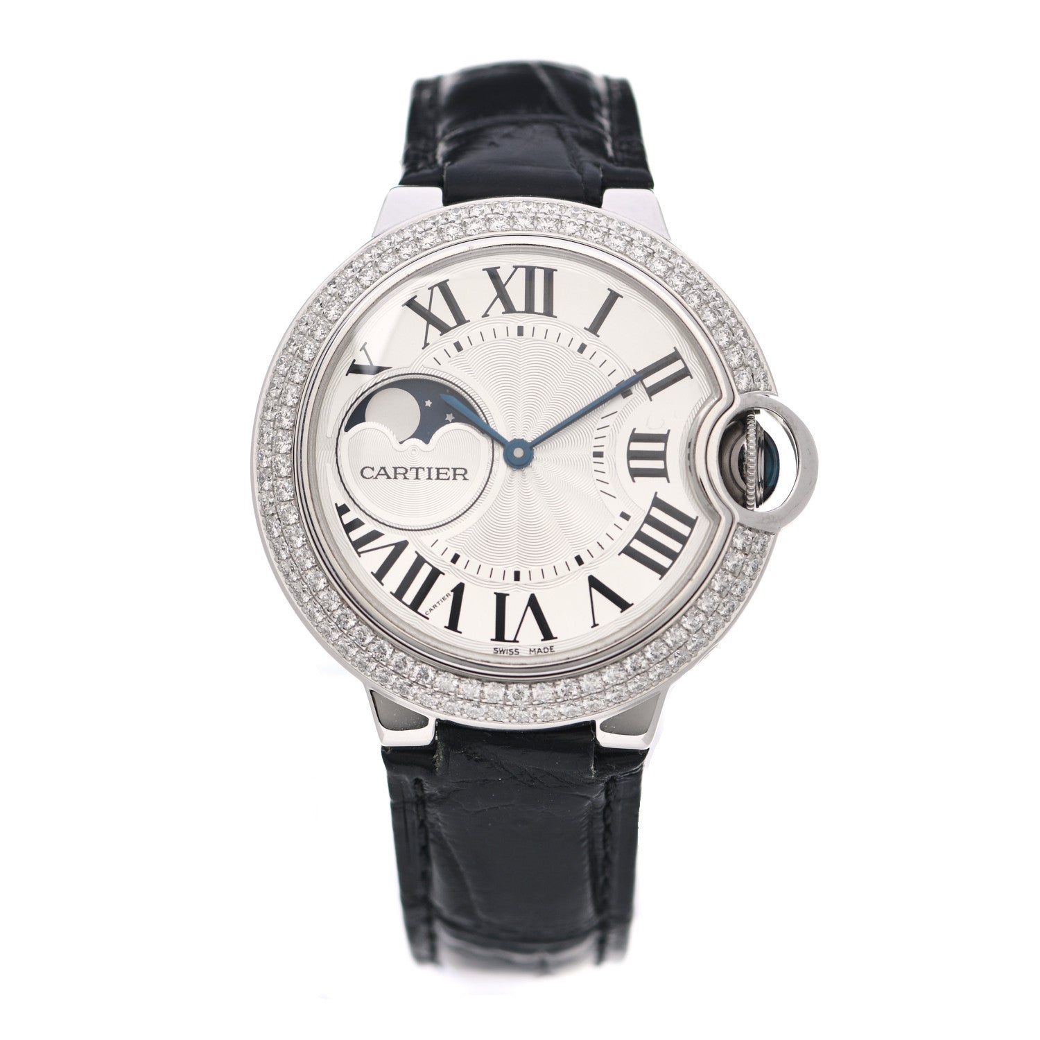 Cartier 18K White Gold Diamond Pave Bezel 37mm Ballon Bleu De Cartier Moonphase Automatic Watch 1 of 4