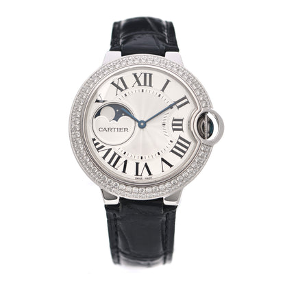 Cartier 18K White Gold Diamond Pave Bezel 37mm Ballon Bleu De Cartier Moonphase Automatic Watch 1 of 4