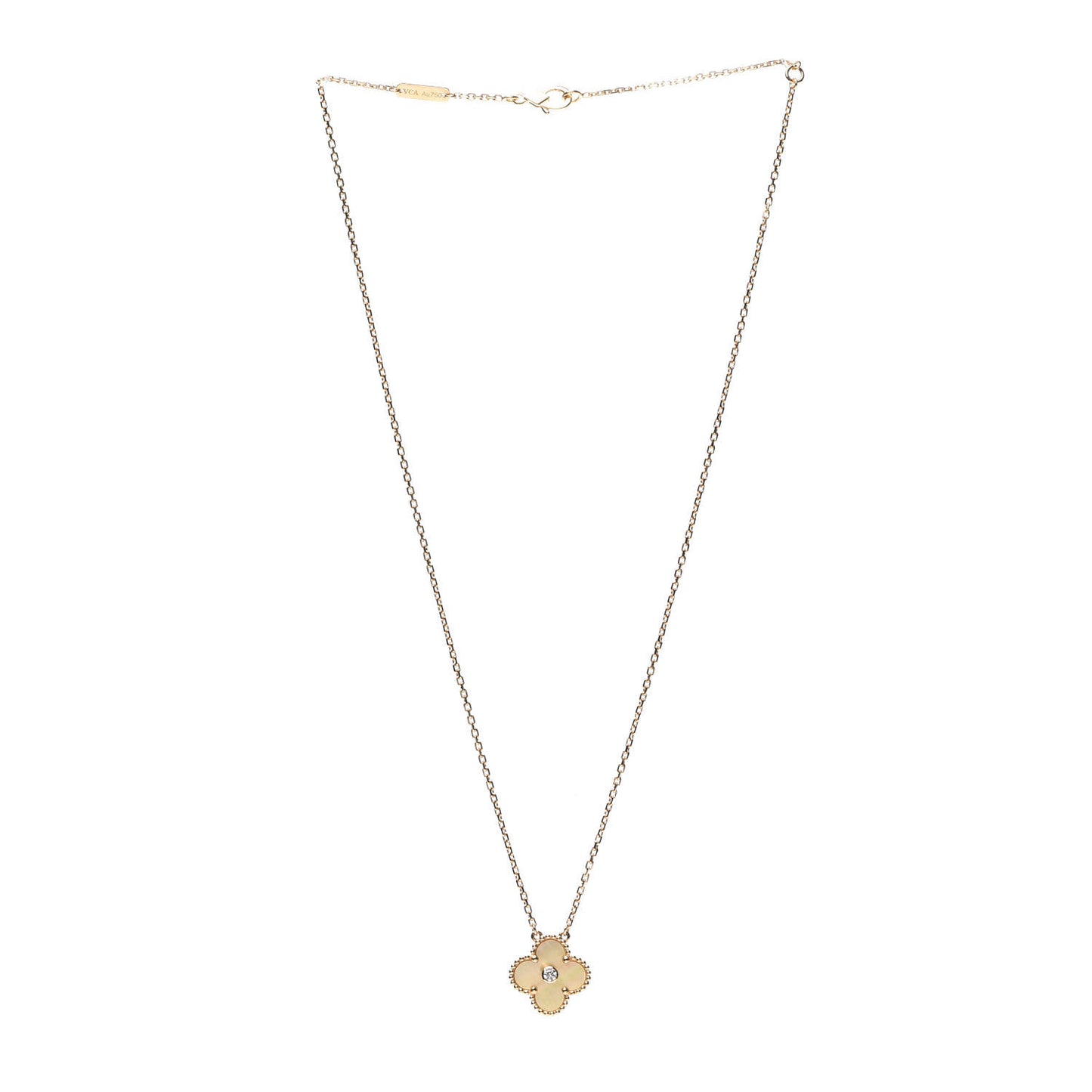 18K Yellow Gold Diamond Yellow Mother of Pearl Vintage Alhambra Pendant Necklace