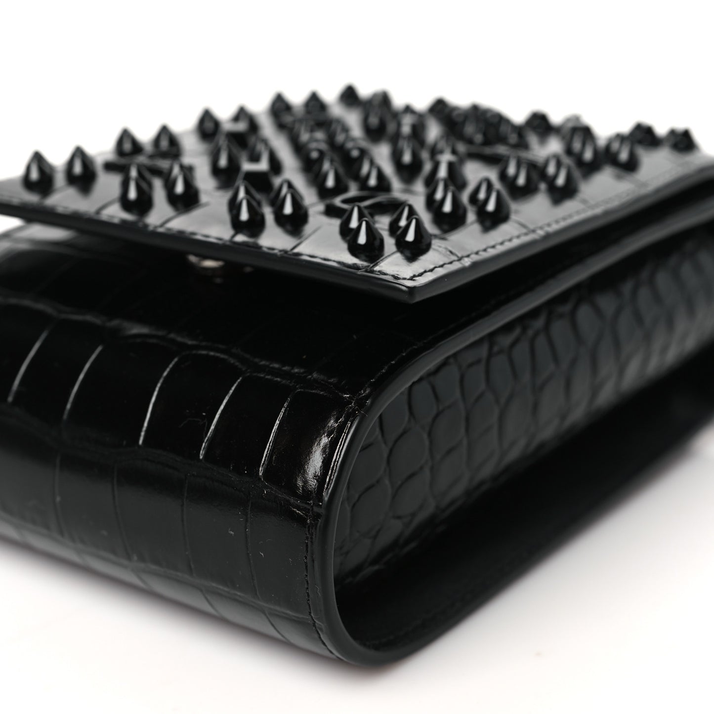 Crocodile Embossed Calfskin Spikes Loubinthesky Paloma Crossbody Phone Case Black