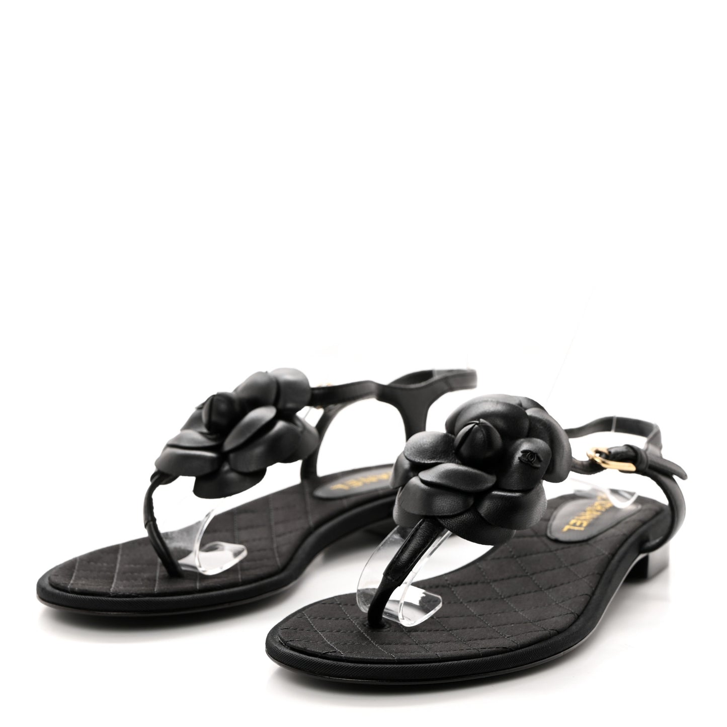 Lambskin Camellia Thong Sandals 36 Black