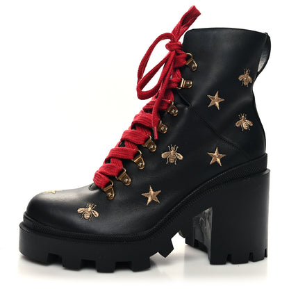 Gucci Calfskin Embroidered Lace Up Combat Ankle Boots 40 Black 1 of 9
