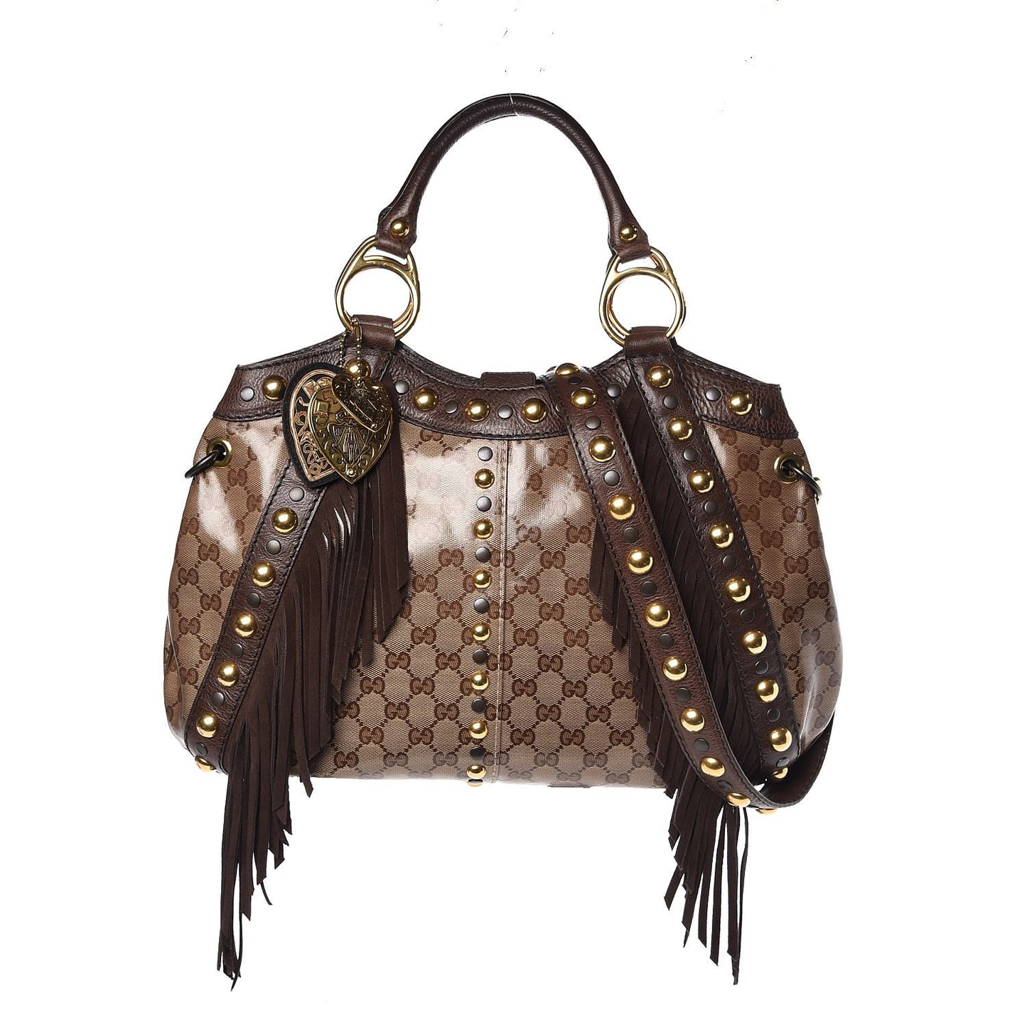 Crystal Monogram Fringe Babouska Satchel Brown