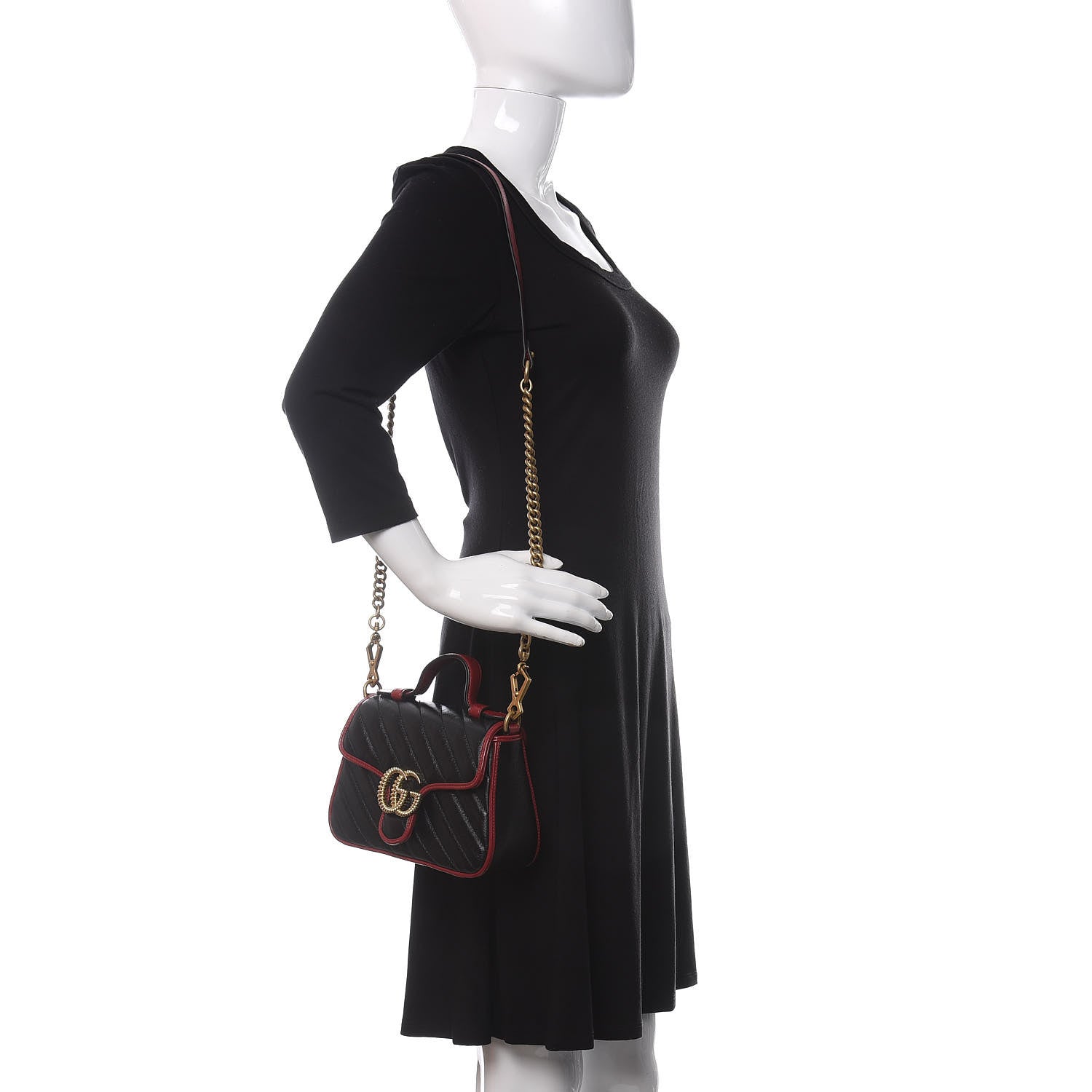 Gucci Vintage Effect Calfskin Matelasse Diagonal Mini Torchon GG Marmont Top Handle Shoulder Bag Black Romantic Cherry 2 of 10