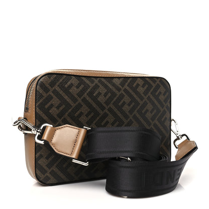 Fendi Glazed Fabric Vitello Cover FF 1974 Diagonal Bi-Color Medium Camera Case Tobacco Moro Sand Black 3 of 10