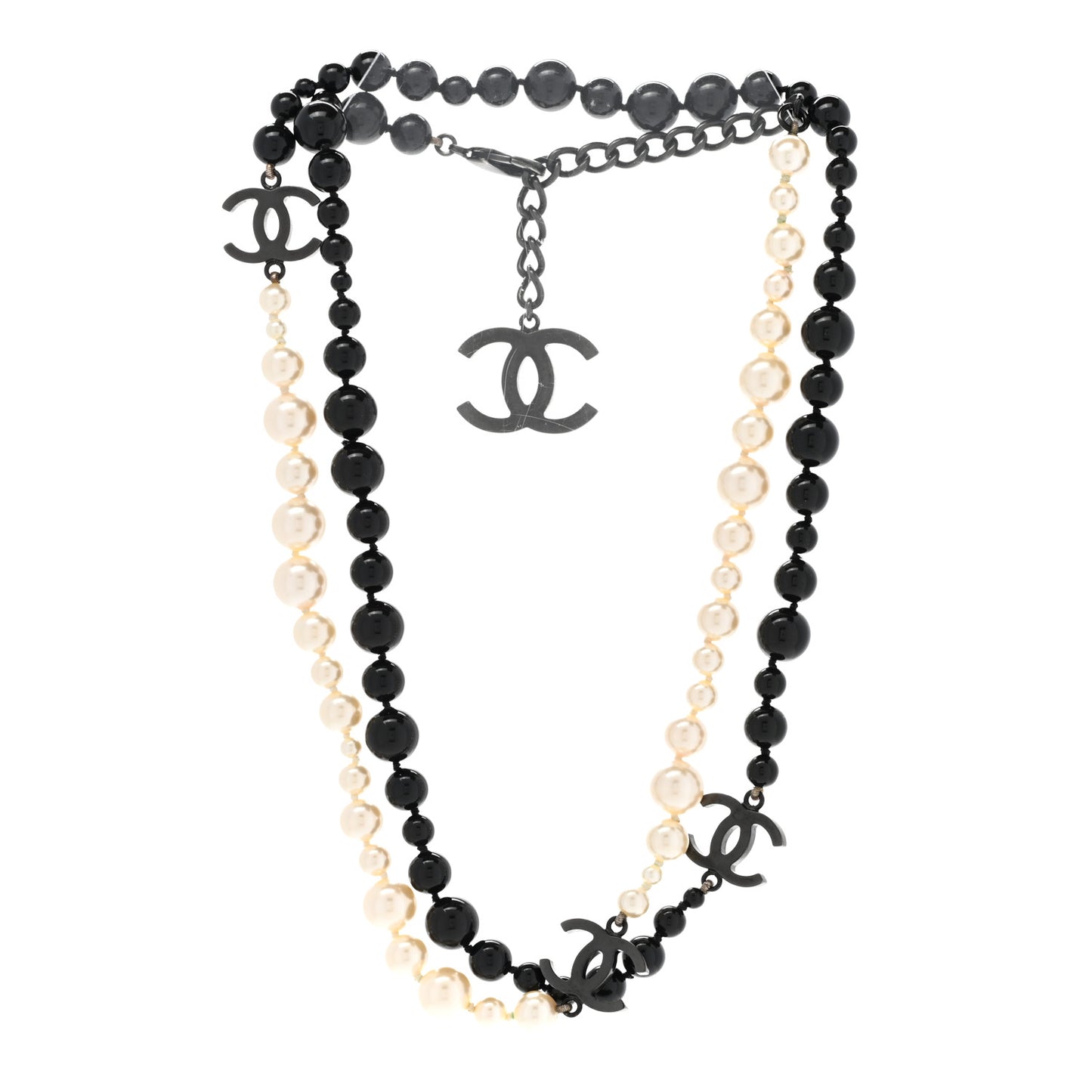 Pearl CC Beaded Long Necklace Black White
