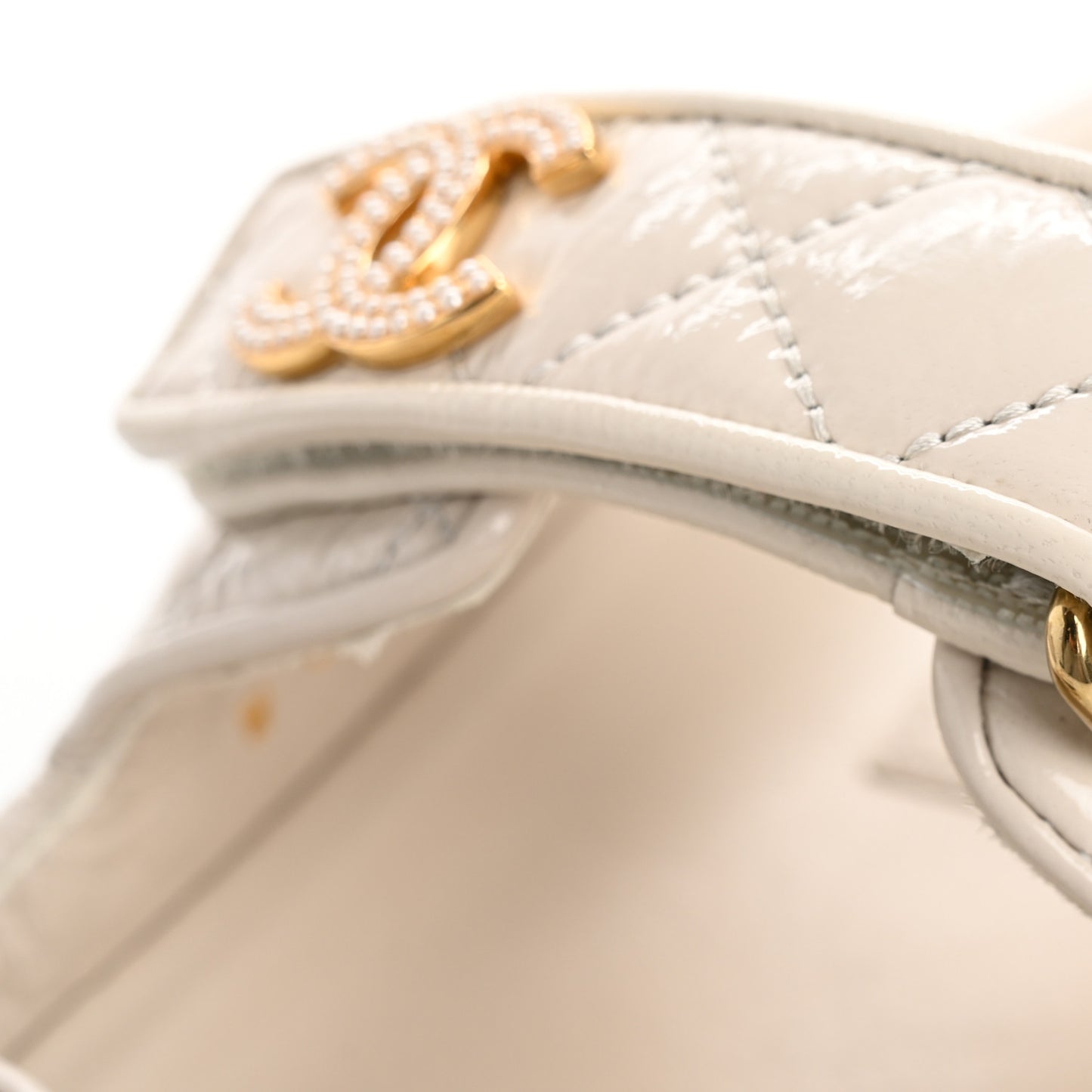 Shiny Calfskin Crystal Quilted Velcro Dad CC Slide Sandals 36.5 Light Beige