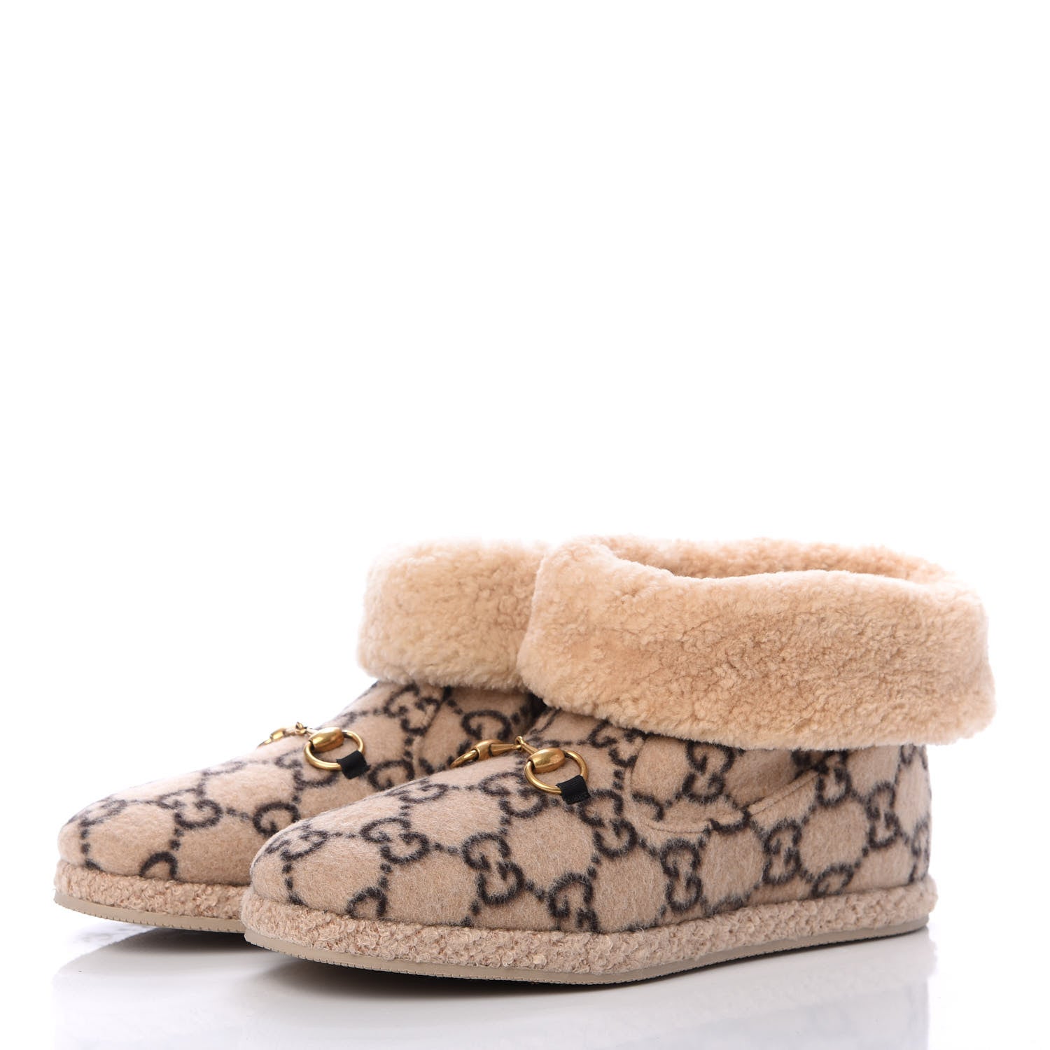 Gucci Covered Wool GG Monogram Mens Fria Horsebit Ankle Boots 9 Beige Ebony Butterscotch 2 of 6