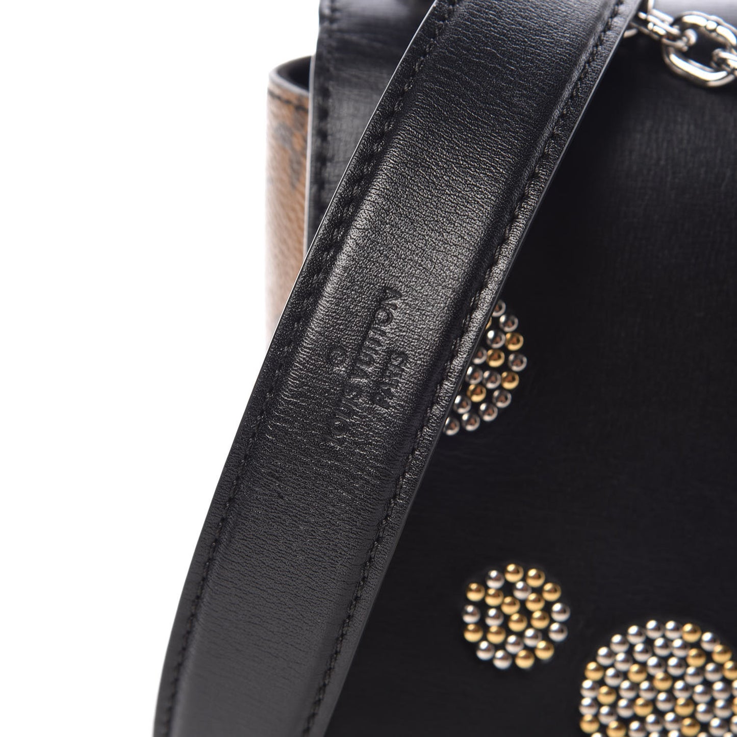 Calfskin Reverse Monogram Studded Twist Shoulder Bag MM Black Gold
