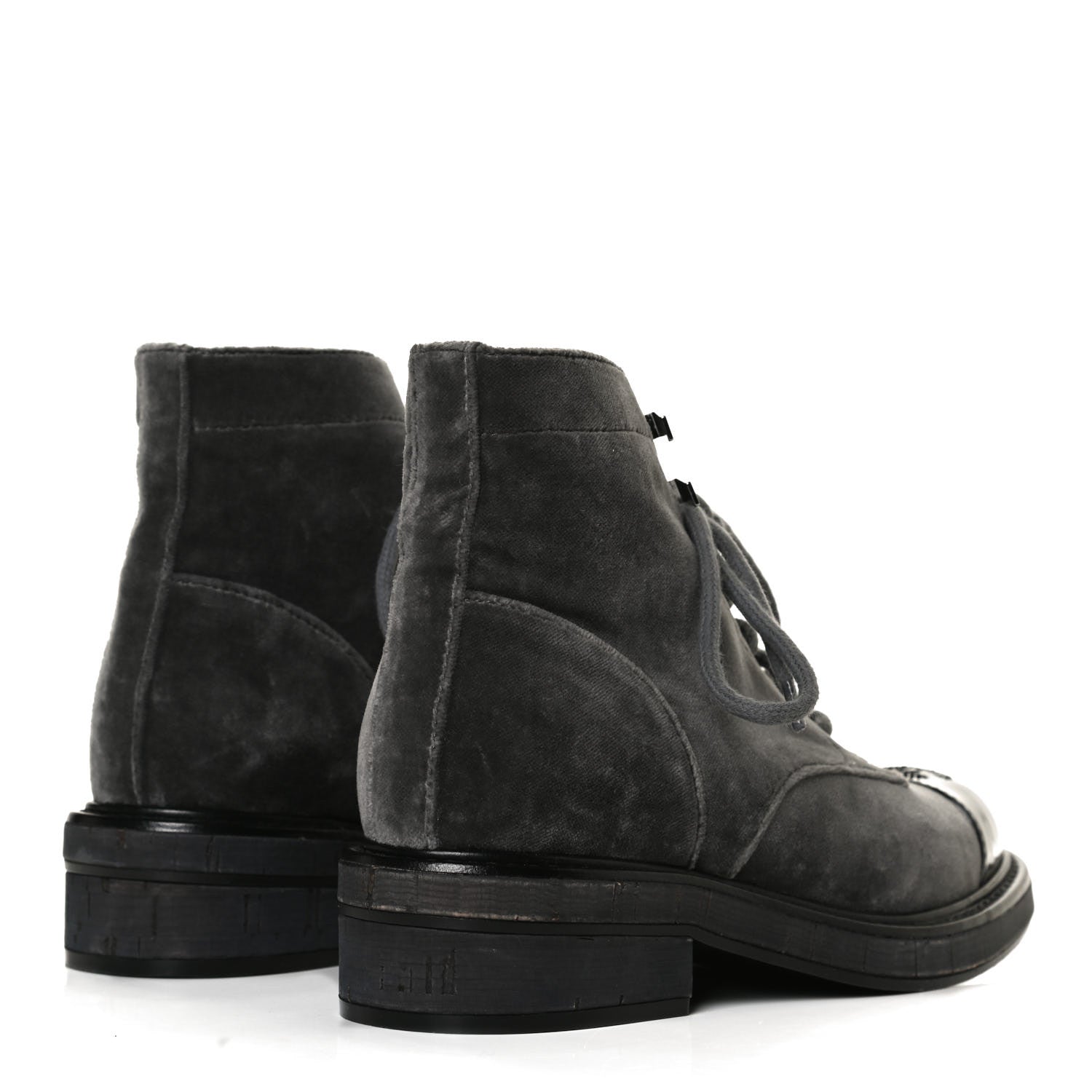 Chanel Velvet Patent Calfskin Lace Up Combat Boots 35.5 Grey Black 4 of 11