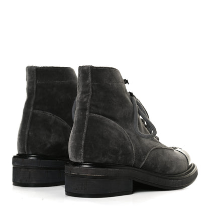 Chanel Velvet Patent Calfskin Lace Up Combat Boots 35.5 Grey Black 4 of 11