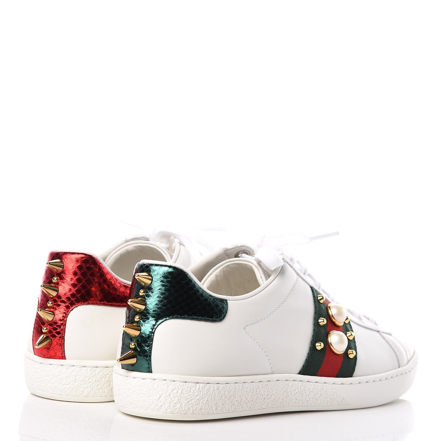 Calfskin Web Pearl Studded Womens Ace Sneakers 35.5 White