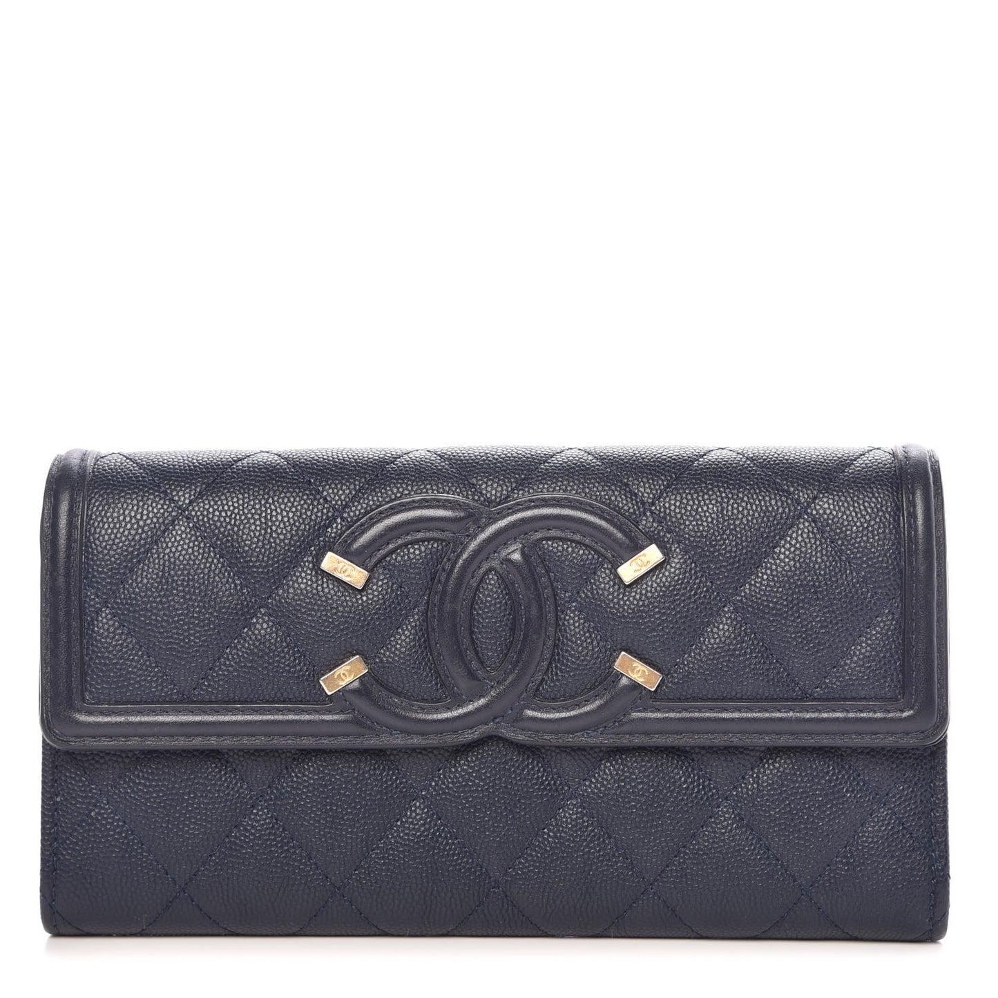 Caviar Quilted Filigree Flap Wallet Navy