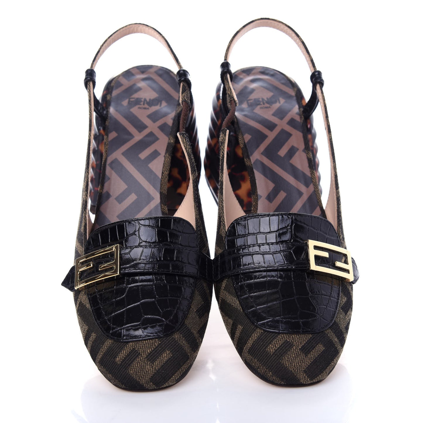 Jacquard Calfskin FF Tortoise Promenade Slingback Loafer Pumps 35.5 Tobacco