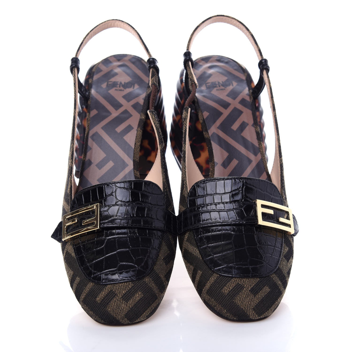 Fendi Jacquard Calfskin FF Tortoise Promenade Slingback Loafer Pumps 35.5 Tobacco 5 of 10
