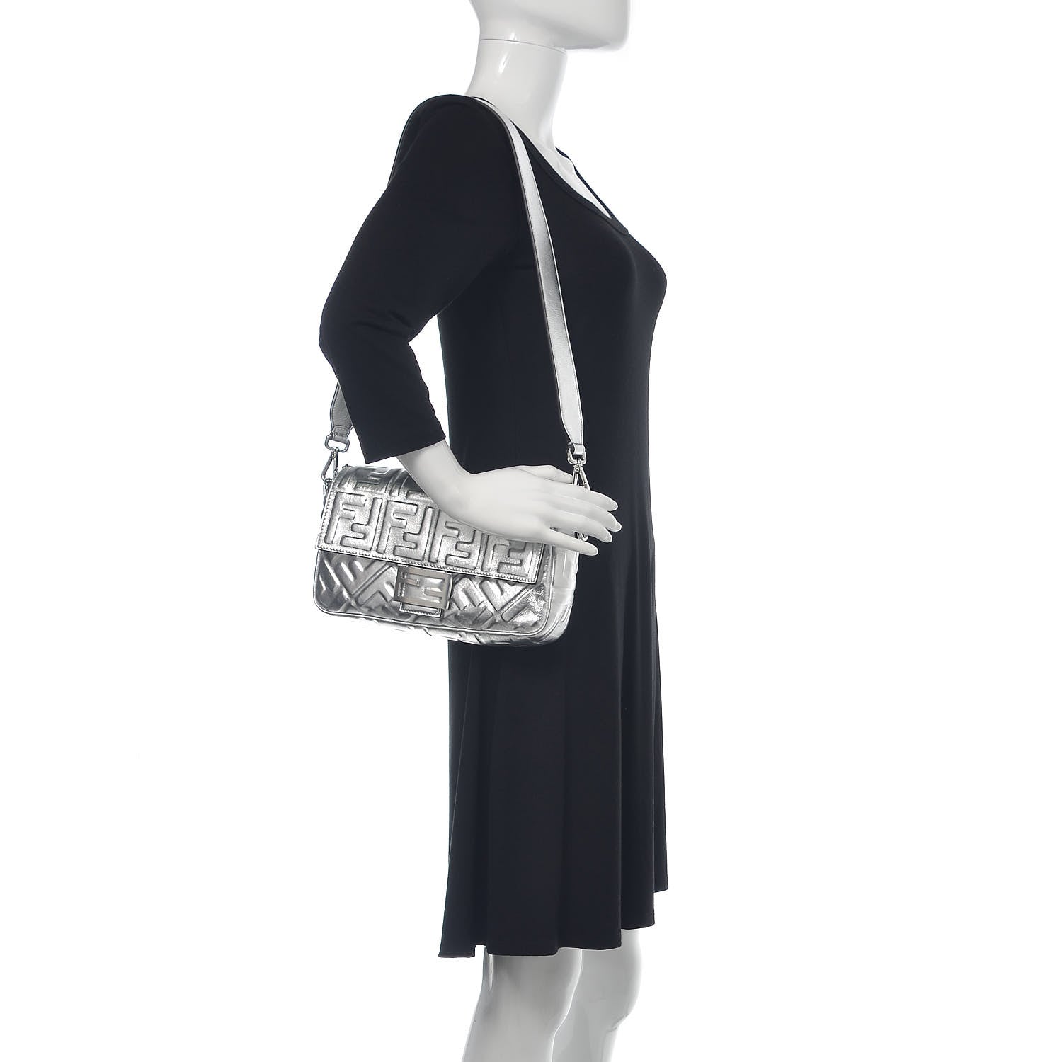 Fendi Vitello Catalan Mirror FF 1974 Embossed Baguette Argento 2 of 8