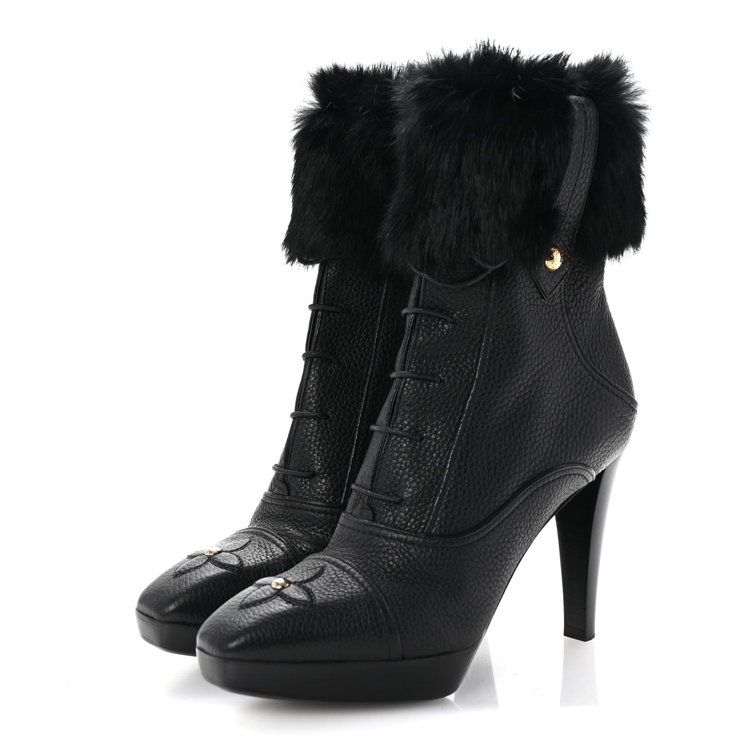 Grained Calfskin Fur Platform Ankle Boots 37.5 Black