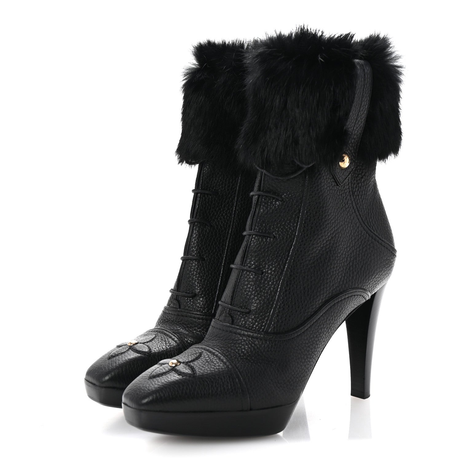 Louis Vuitton Grained Calfskin Fur Platform Ankle Boots 37.5 Black 4 of 9