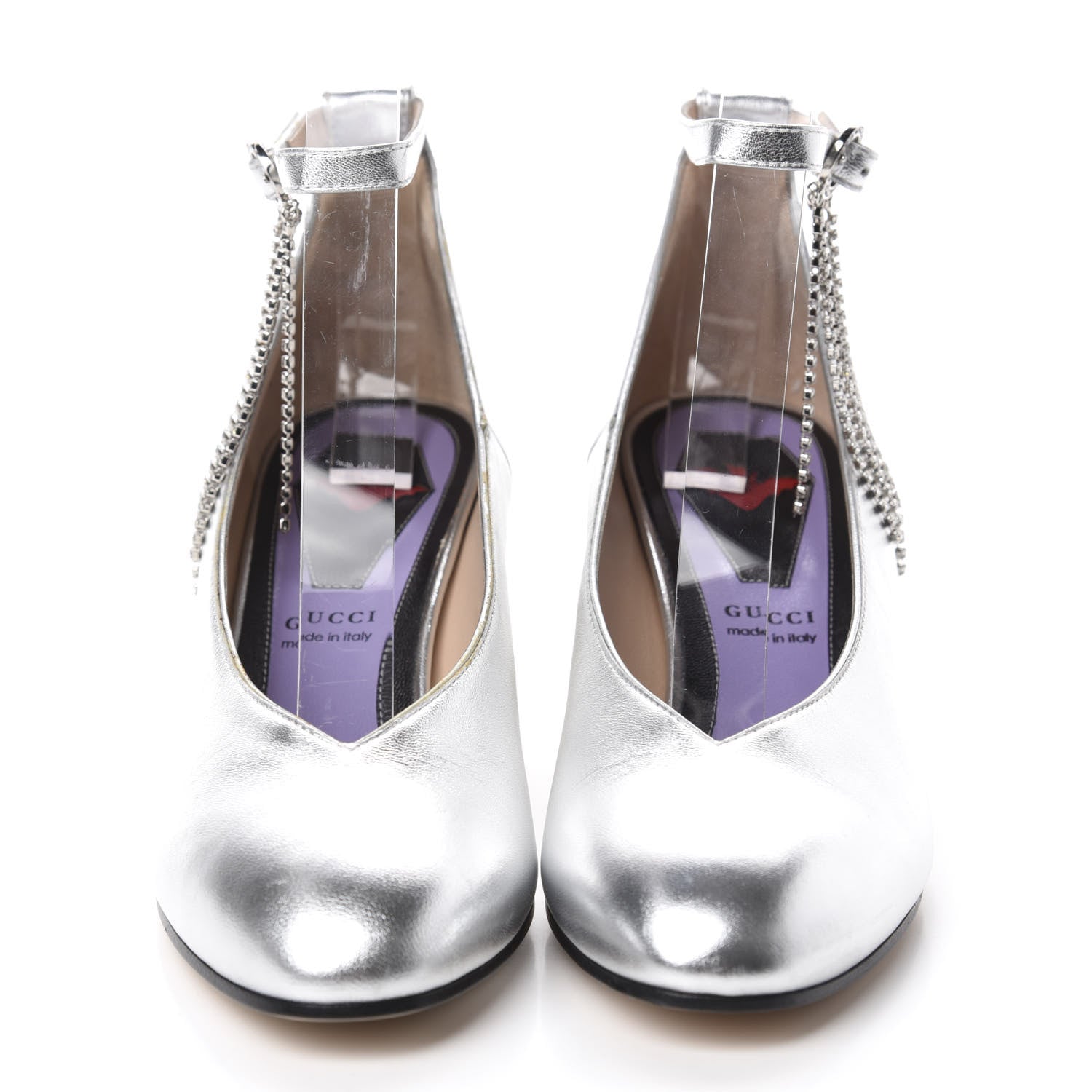 Gucci Metallic Nappa Crystal Square G Mid Heel Pumps 37.5 Silver 2 of 10