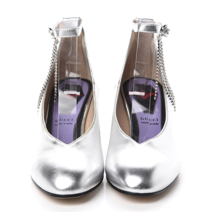 Gucci Metallic Nappa Crystal Square G Mid Heel Pumps 37.5 Silver 2 of 10