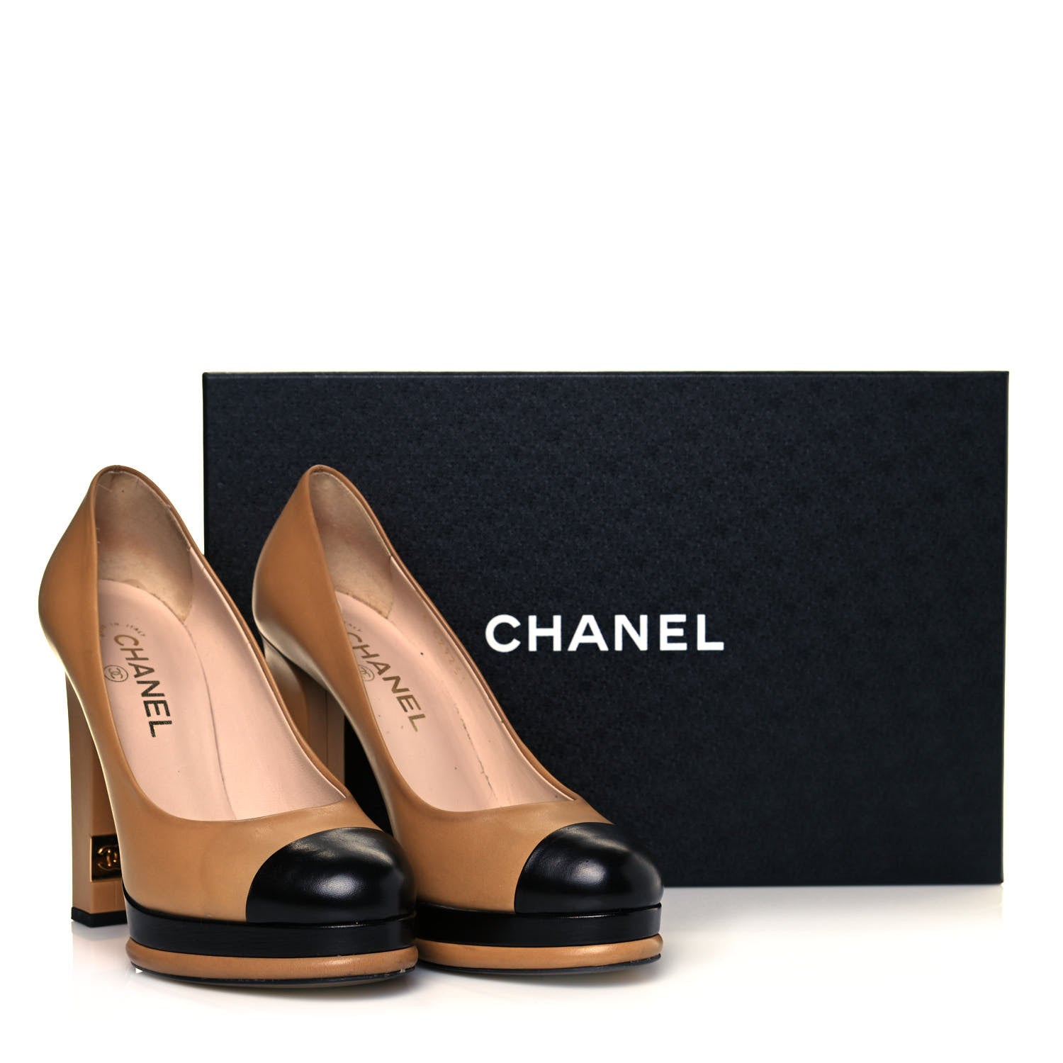 Chanel Lambskin Platform Cap Toe Pumps 38 Beige Black 8 of 8