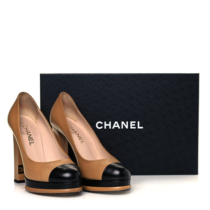 Chanel Lambskin Platform Cap Toe Pumps 38 Beige Black 8 of 8