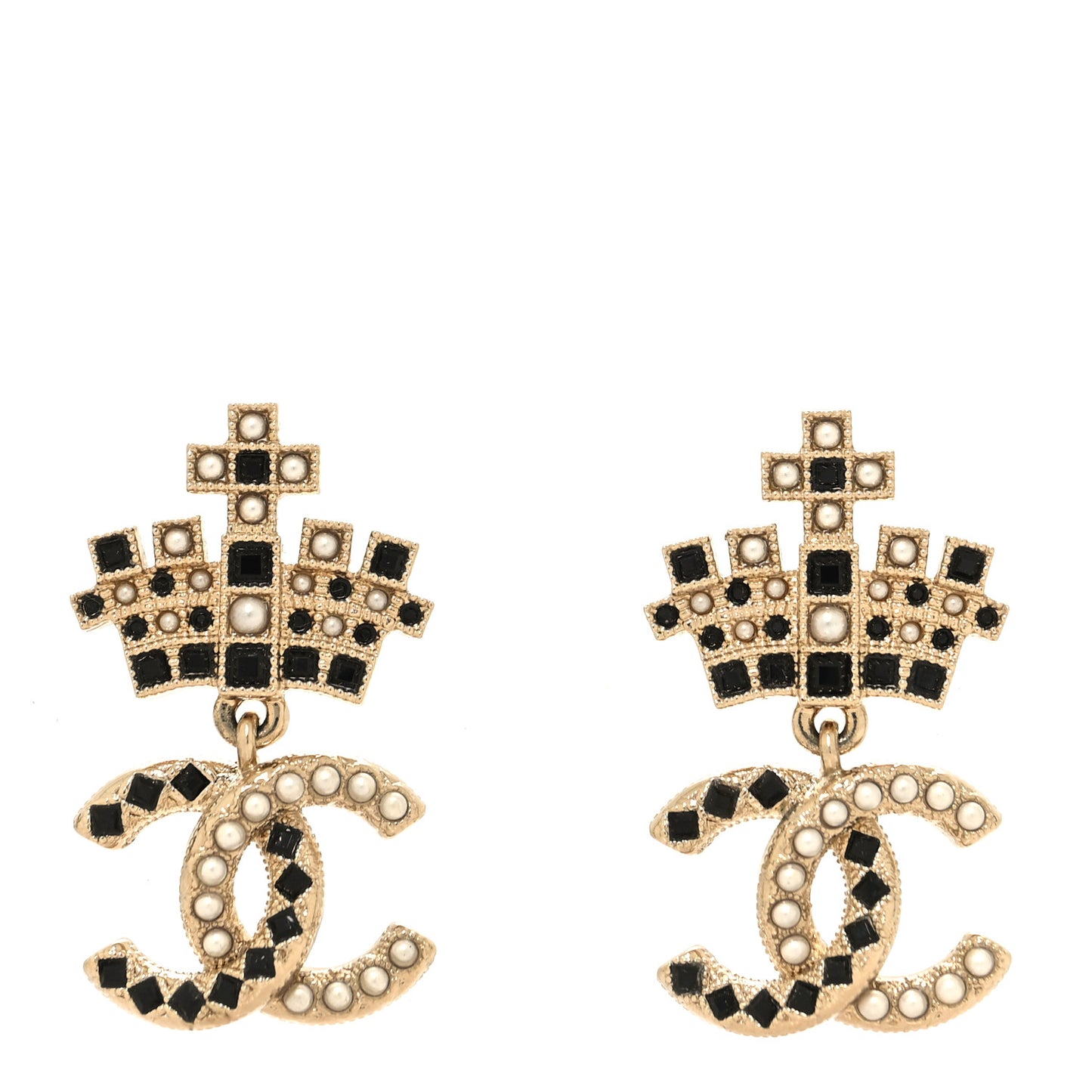 Resin Crystal Pearl CC Crown Drop Earrings Gold Black