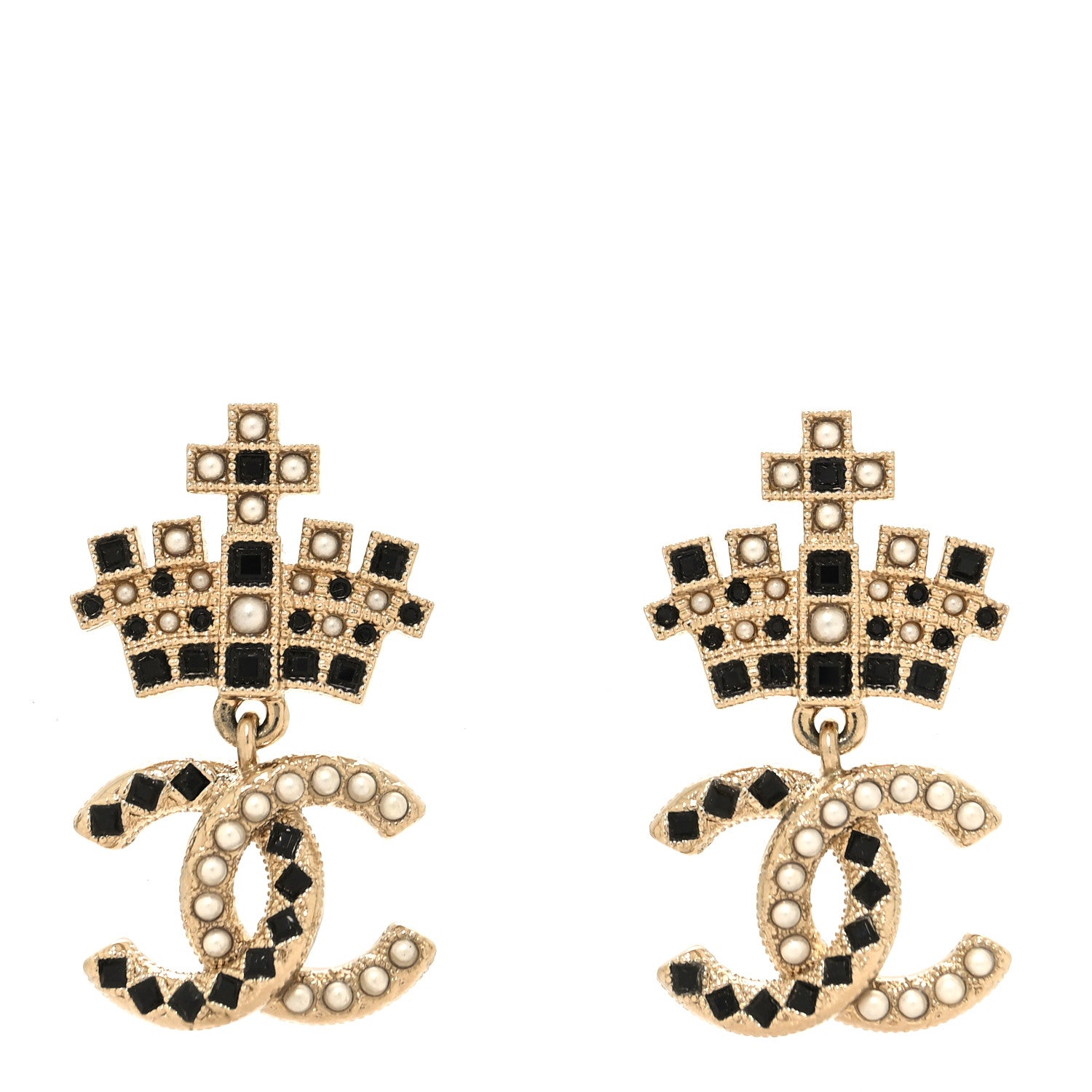 Chanel Resin Crystal Pearl CC Crown Drop Earrings Gold Black 1 of 5