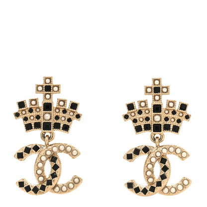 Chanel Resin Crystal Pearl CC Crown Drop Earrings Gold Black 1 of 5