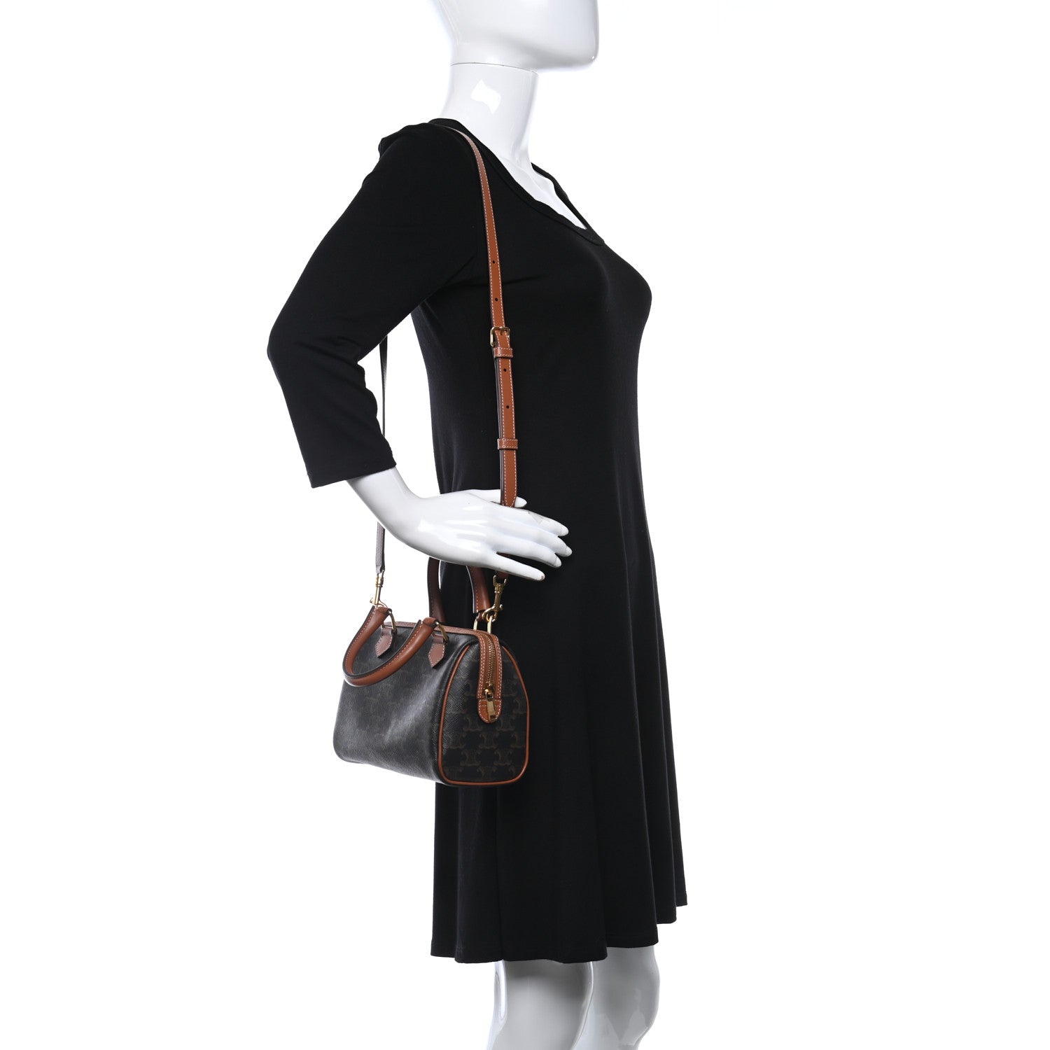 Celine Triomphe Canvas Calfskin Small Boston Bag Tan 2 of 7