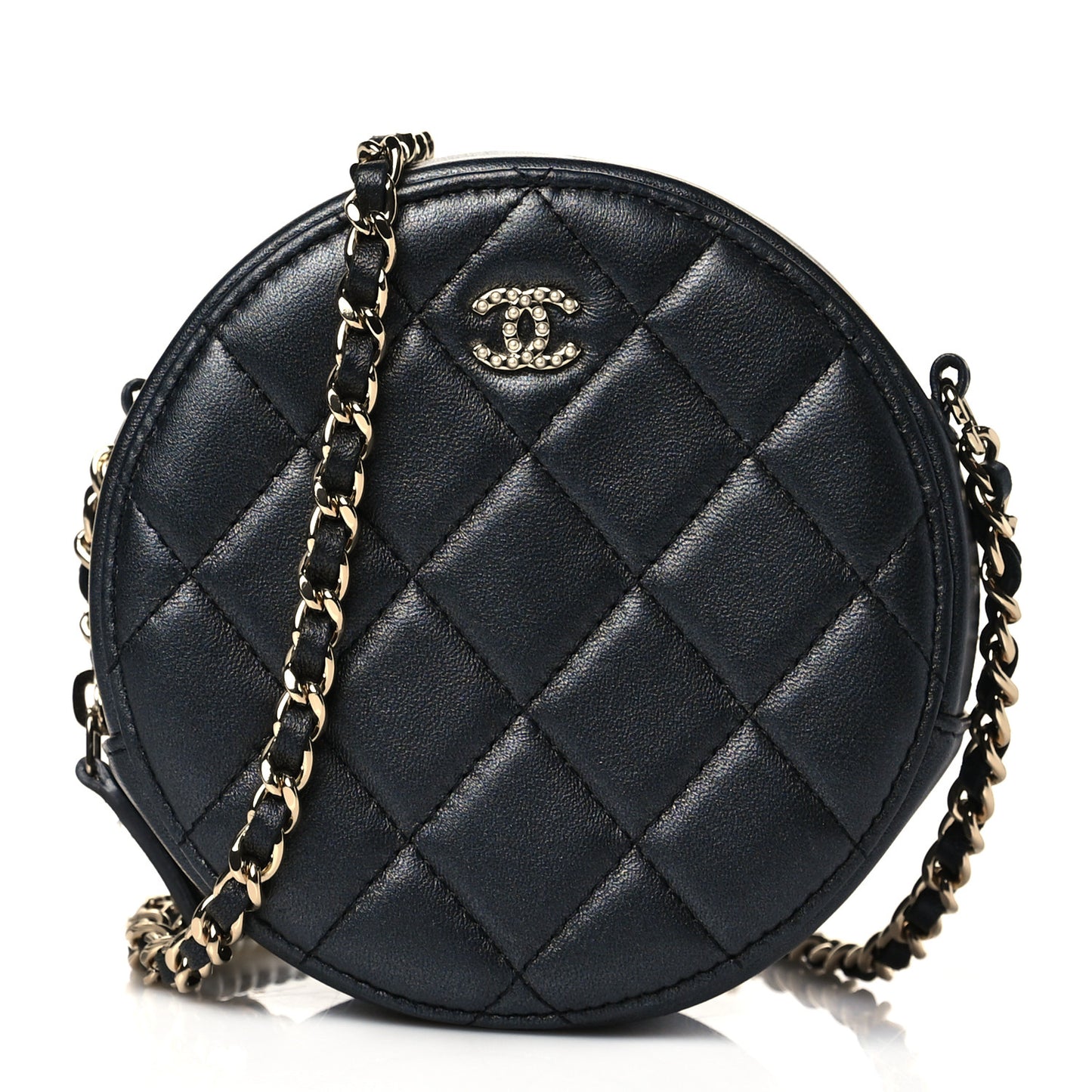 Iridescent Lambskin Quilted Pearl Round Clutch With Chain Black