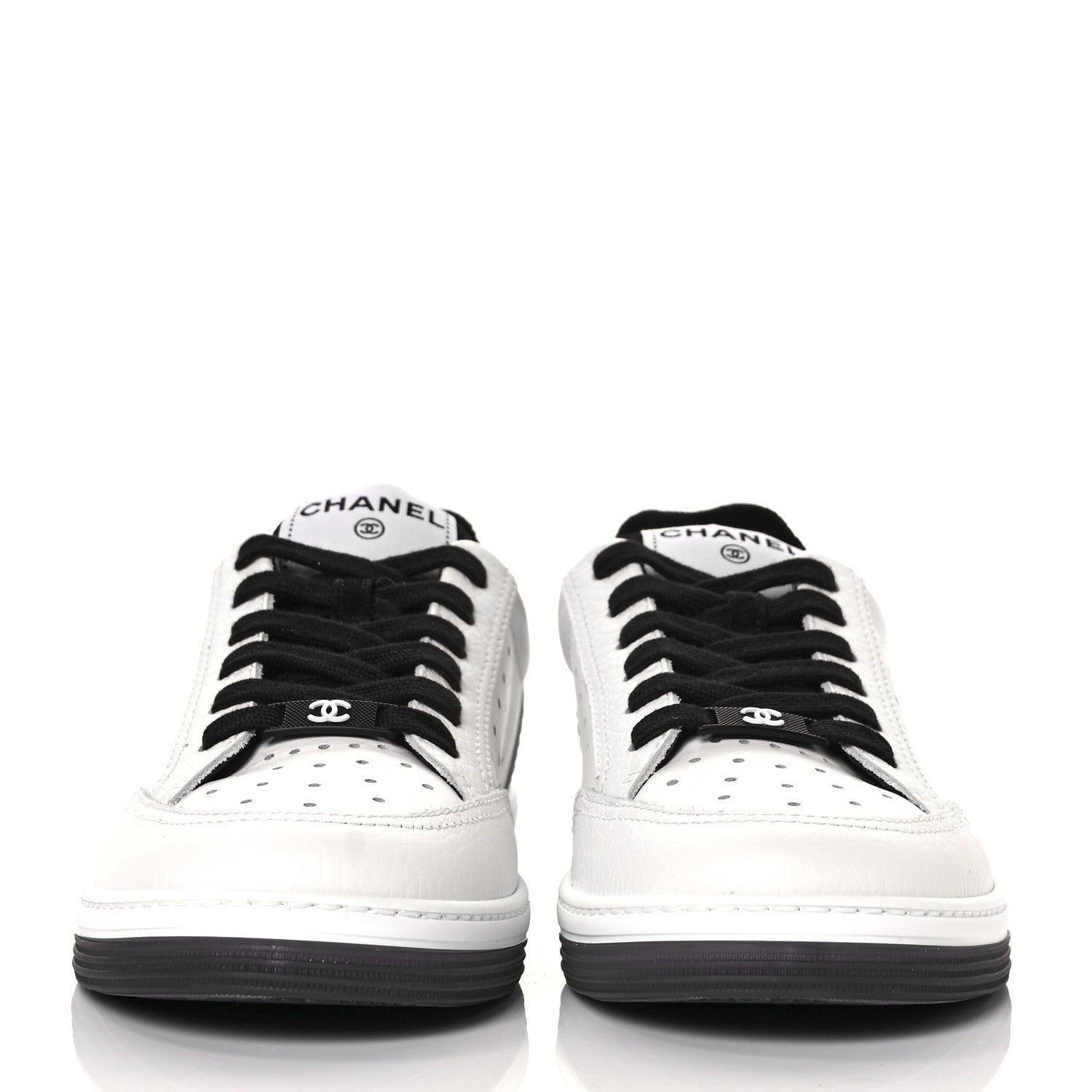 Chanel Grained Calfskin Fabric Womens Logo Sneakers 38.5 White Black 2 of 9