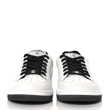 Chanel Grained Calfskin Fabric Womens Logo Sneakers 38.5 White Black 2 of 9