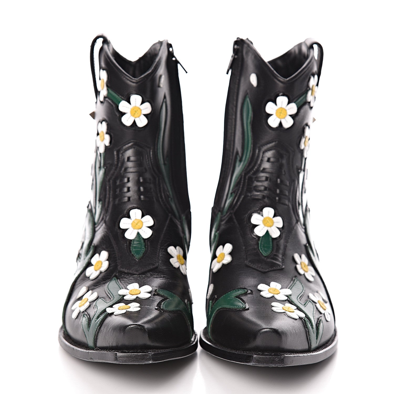 Valentino Garavani Calfskin Ranch Daisy Applique Ankle Boots 39 Black 2 of 13