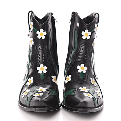 Valentino Garavani Calfskin Ranch Daisy Applique Ankle Boots 39 Black 2 of 13