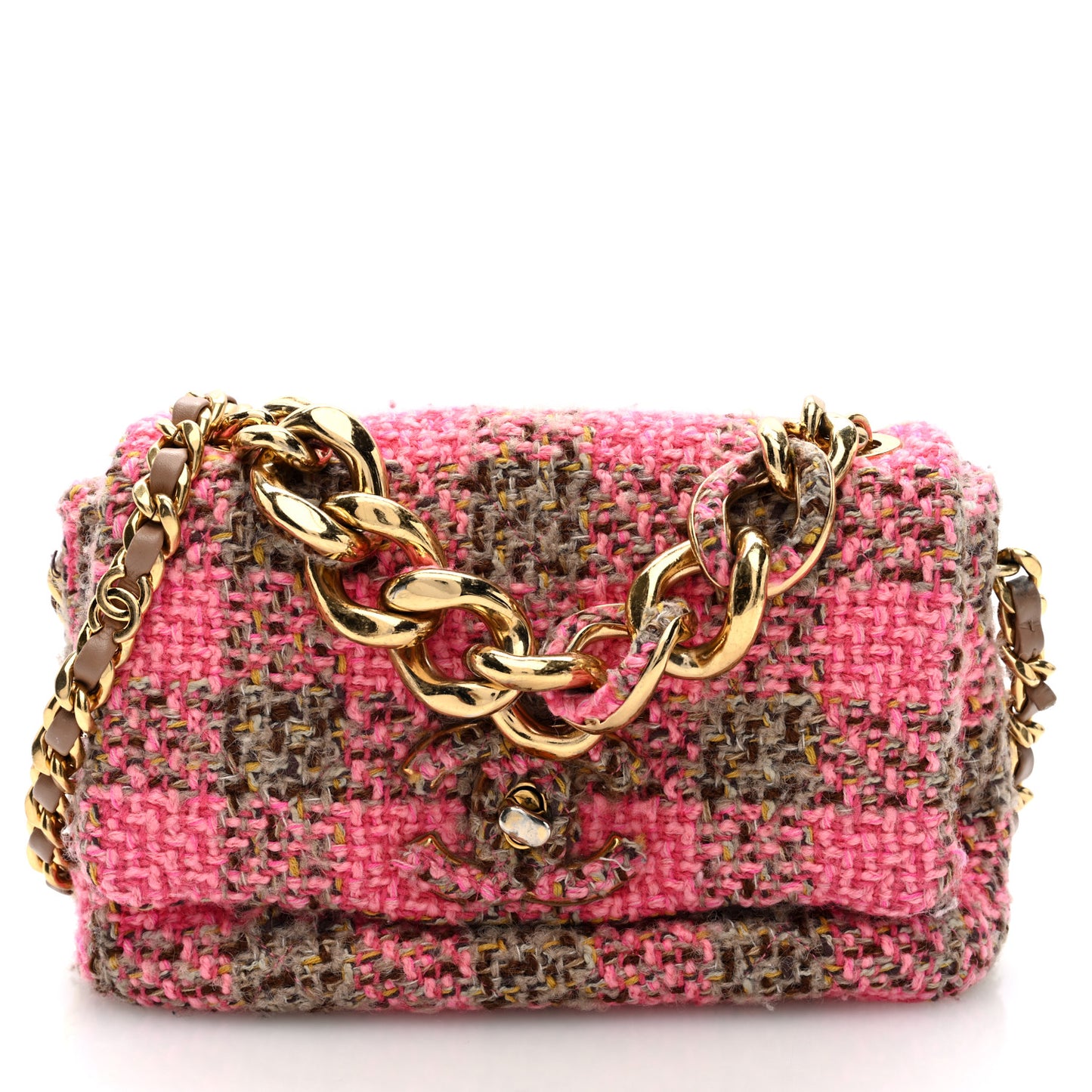 Wool Tweed Quilted Small Elegant Chain Flap Pink Brown