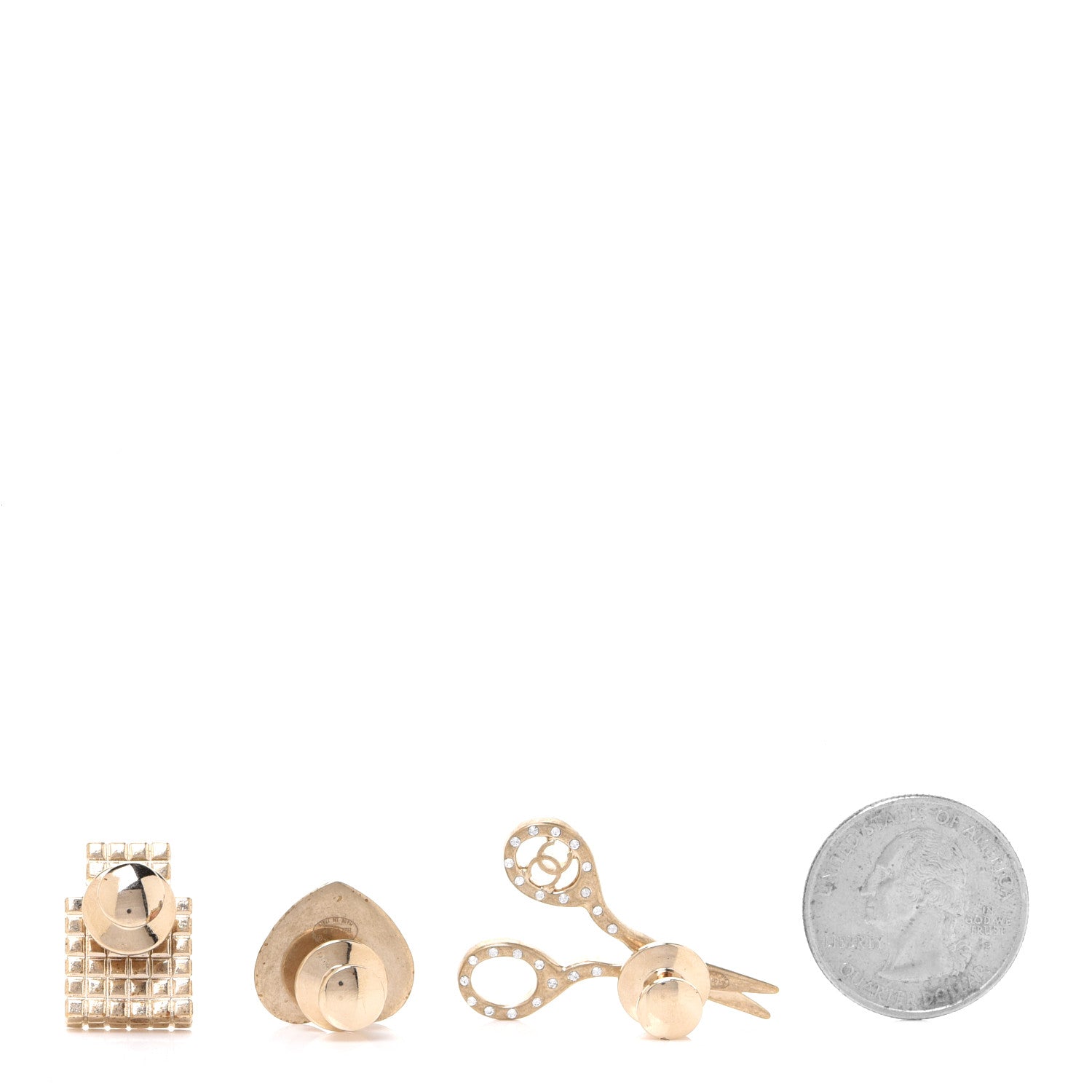 Chanel Metal Strass Crystal Quilted CC Heart Scissors Perfume Brooch Set Gold 3 of 6