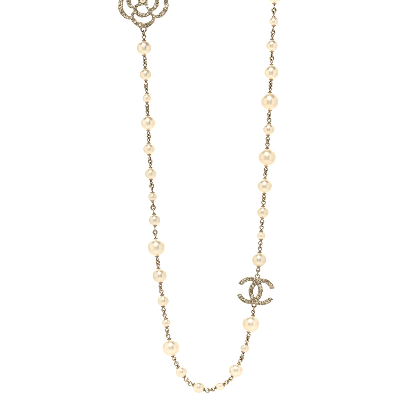 Pearl Crystal Camellia CC Necklace Gold