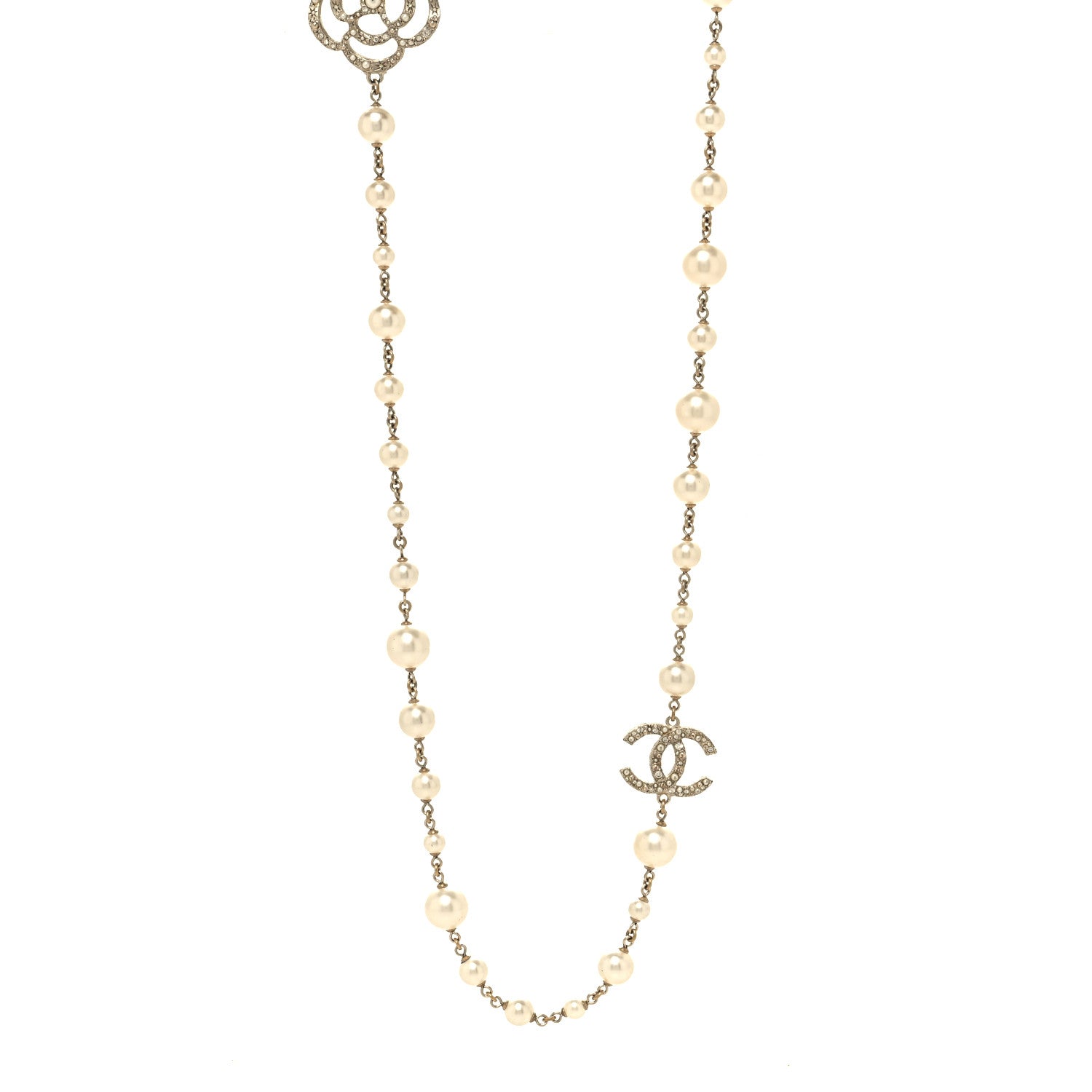 Chanel Pearl Crystal Camellia CC Necklace Gold 1 of 5