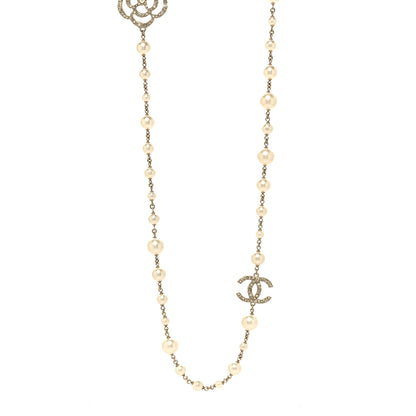Chanel Pearl Crystal Camellia CC Necklace Gold 1 of 5