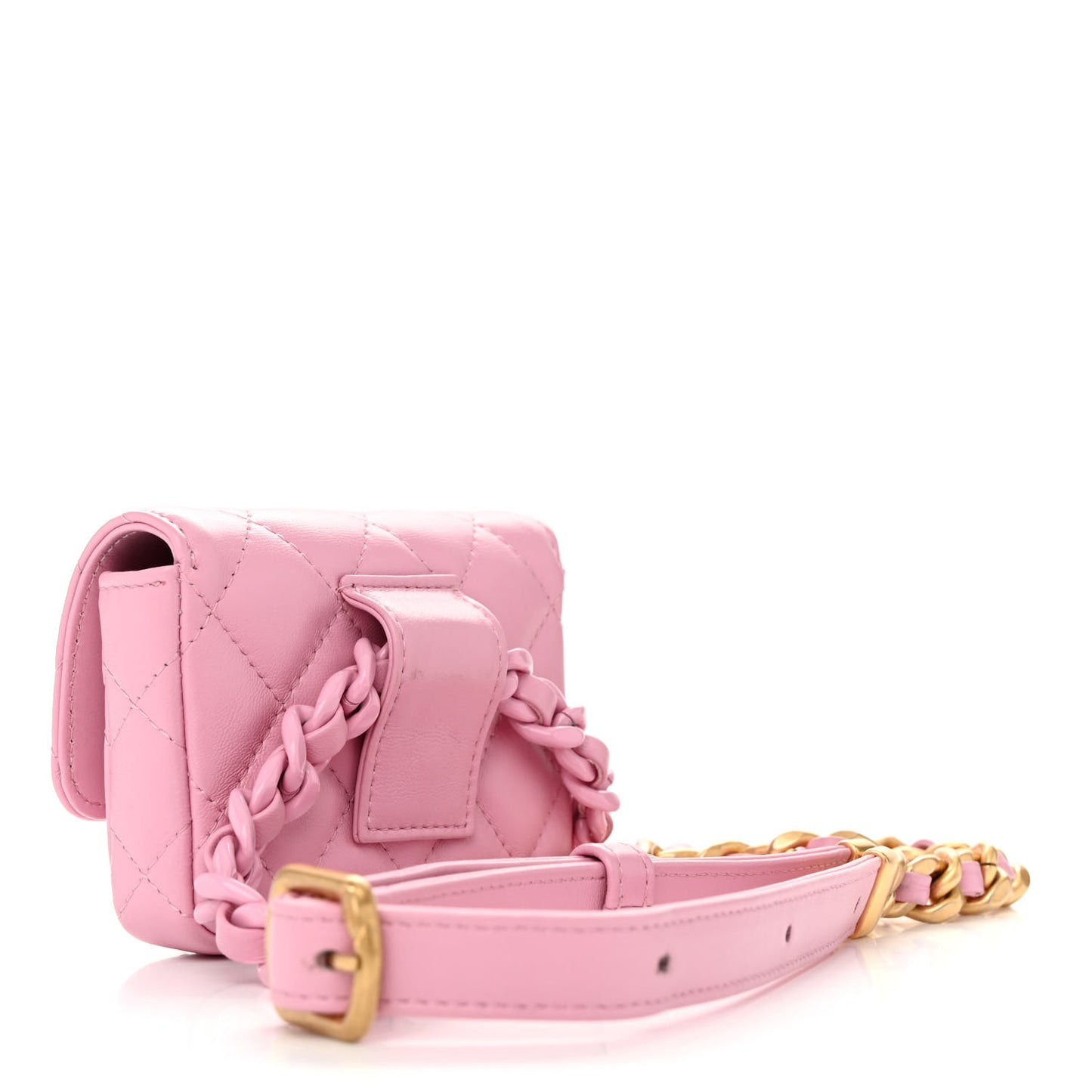 Lambskin Lacquered Metal Quilted Flap Chain Belt Bag Pink