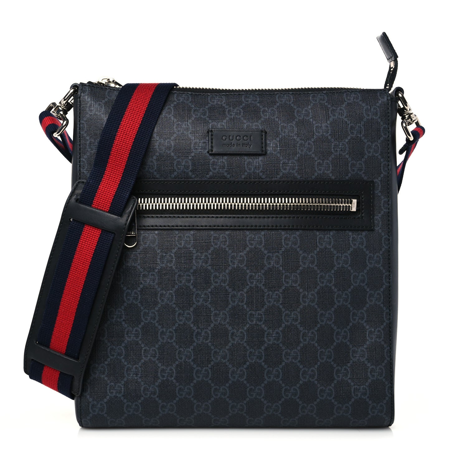 GG Supreme Monogram Appia Calfskin Web Flat Messenger Bag Black Grey