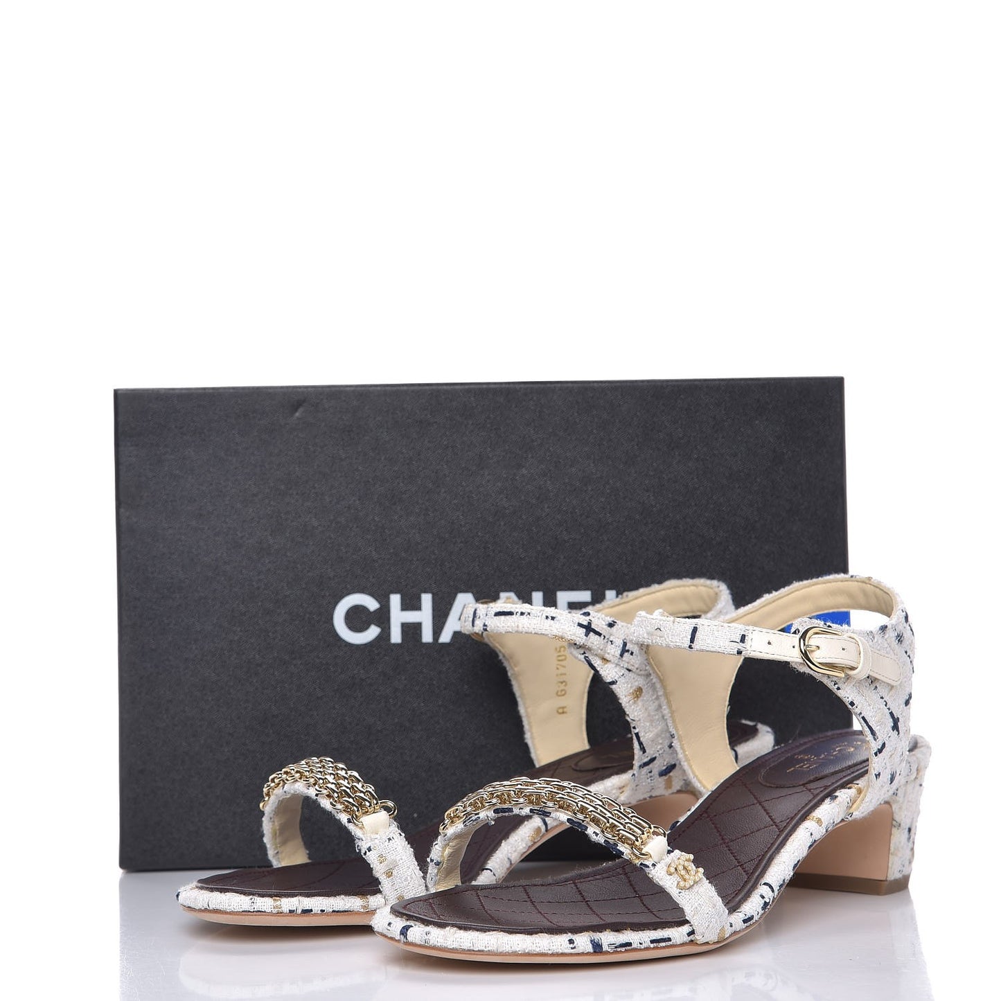 Tweed Chain Sandals 39.5 White Ecru Navy Gold