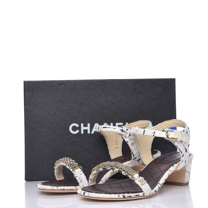 Chanel Tweed Chain Sandals 39.5 White Ecru Navy Gold 10 of 10