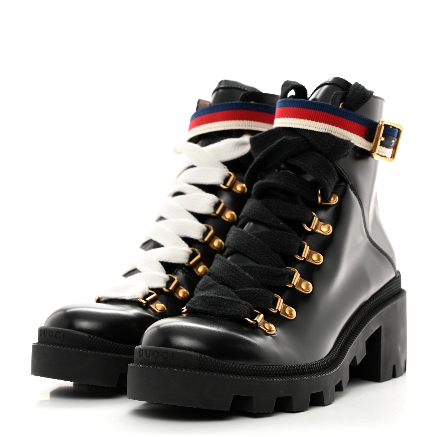 Gucci Calfskin Sylvie Web Womens Lace Up Combat Boots 38 Black 3 of 9