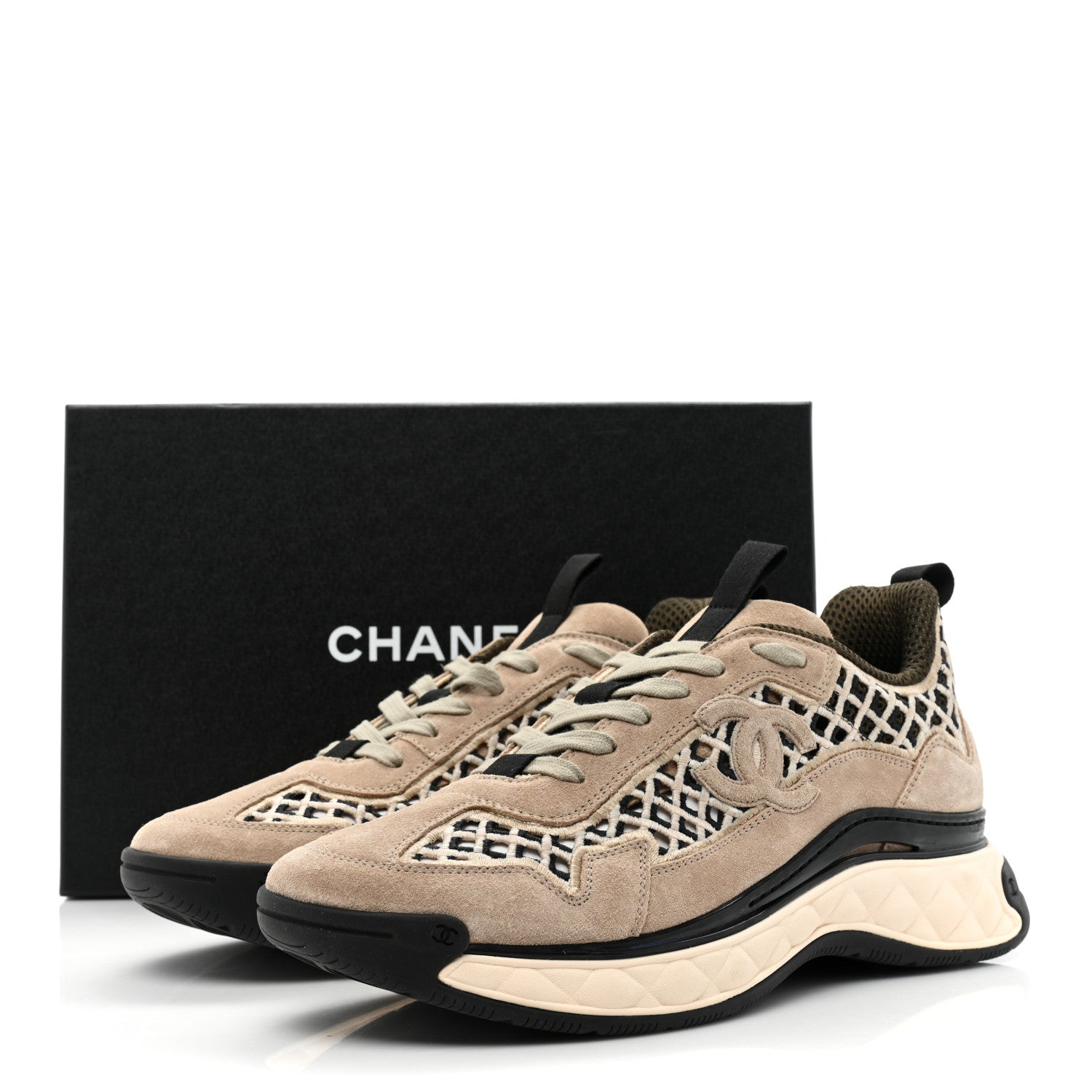 Chanel Suede Calfskin Embroidered CC Sneakers 42 Beige Black 9 of 9