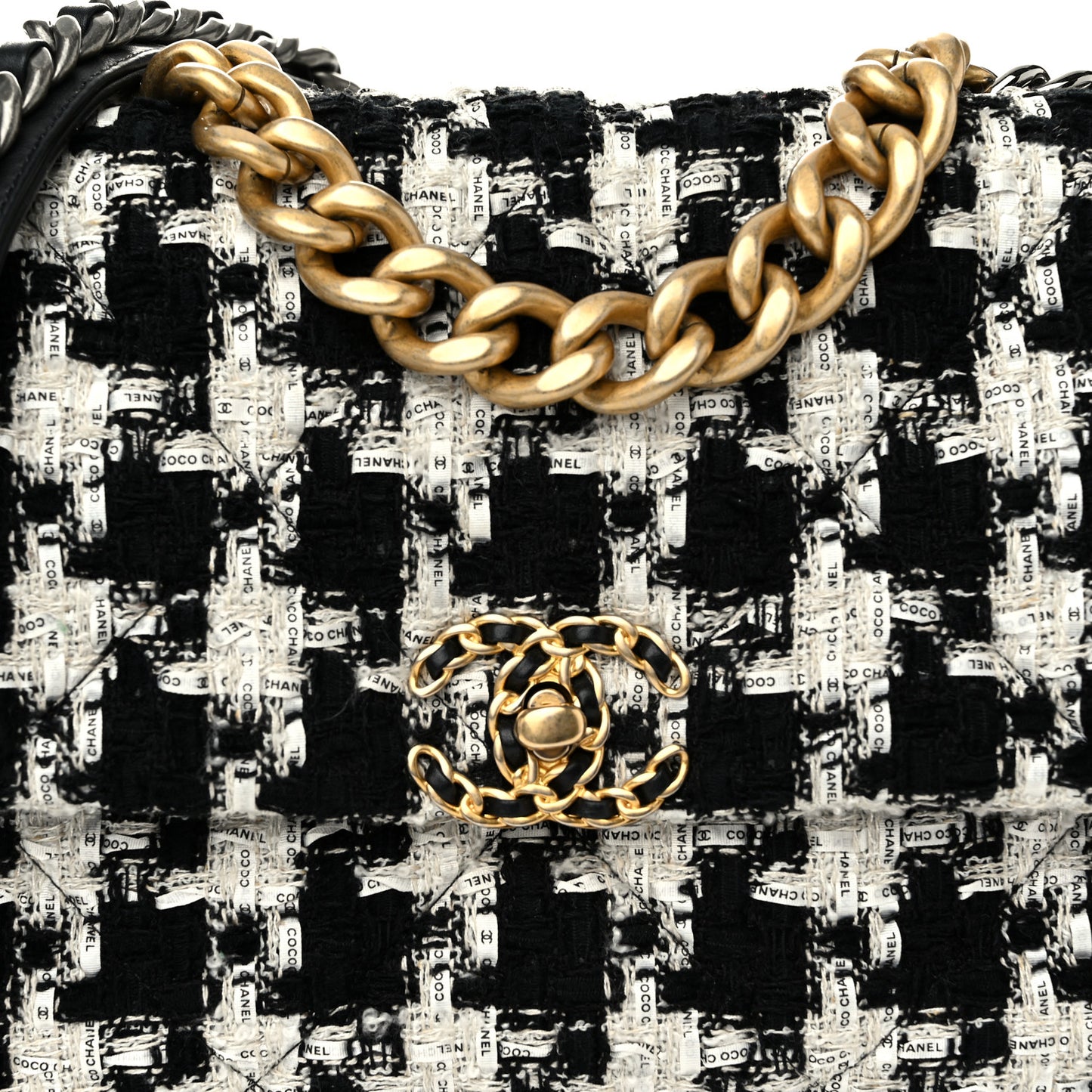 Tweed Quilted Large Chanel 19 Flap Black Ecru White