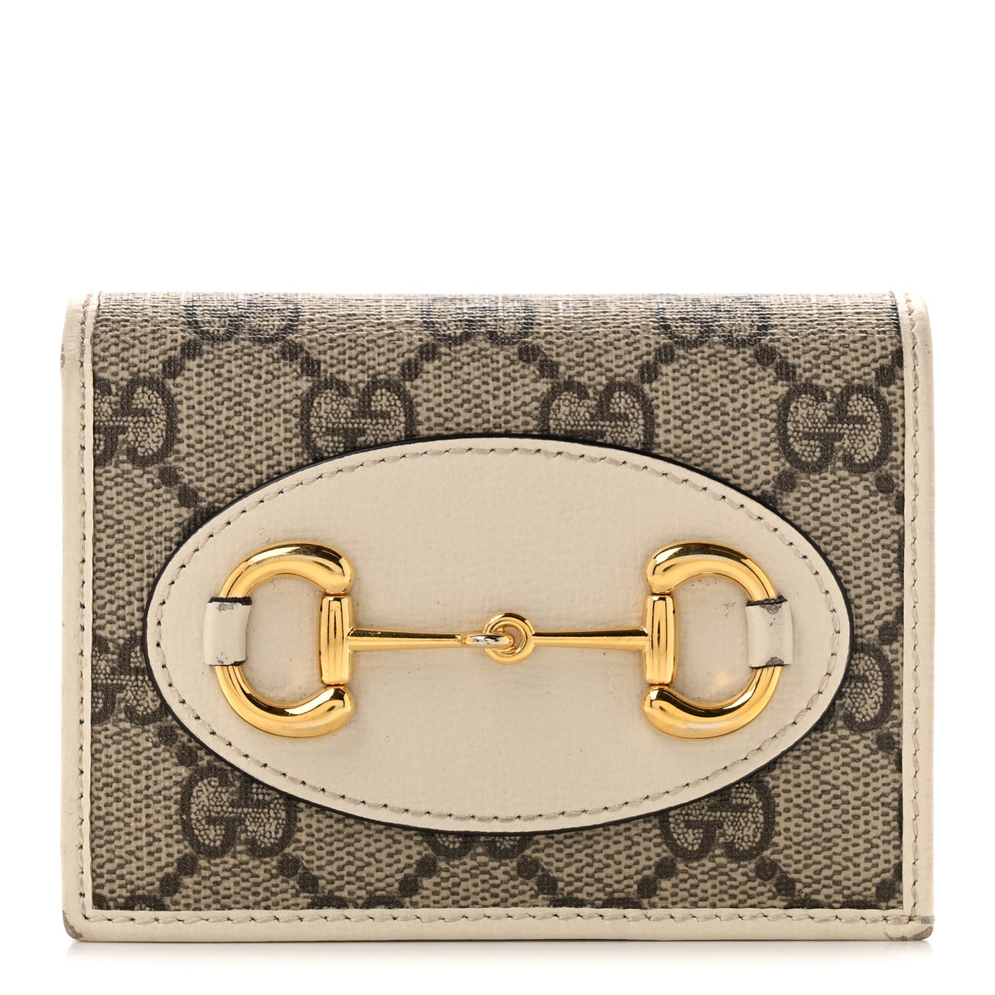 GG Supreme Monogram Azalea Calfskin Horsebit 1955 Card Case Wallet Beige Ebony Mystic White
